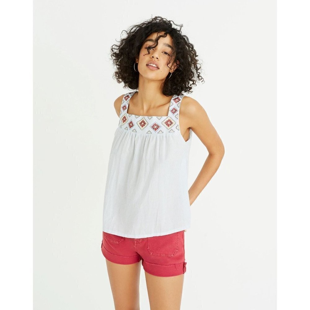 Madewell Embroidered Striped Tank Top - White and Red